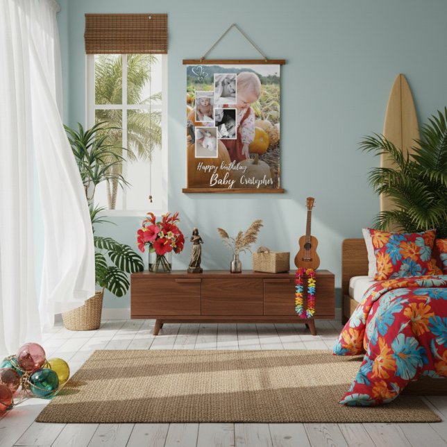 Custom Photo Collage Baby Birthday Name  Hanging Tapestry (Creator Uploaded)