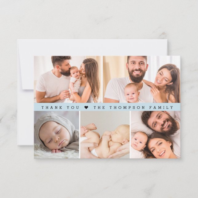 Custom Photo Collage Baby Shower Dusty Blue Thank You Card (Front)