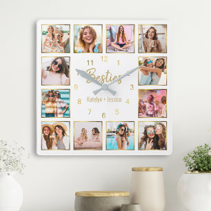Custom Photo Collage Besties Gold White Square Wall Clock