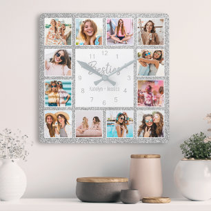 Custom Photo Collage Besties Silver Glitter Square Wall Clock