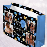 Custom Photo Collage Birthday Blue Large Gift Bag<br><div class="desc">Make your birthday gift extra special with a personalised celebration gift bag! This stylish template is customised with the recipient's name and age, and showcases four of your favourite photos. The design features circle shapes, balloons and an elegant script font, and it comes in blue, black and gold colour. Custom...</div>