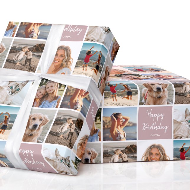 Custom Photo Collage Birthday Modern Pink Wrapping Paper (Creator Uploaded)