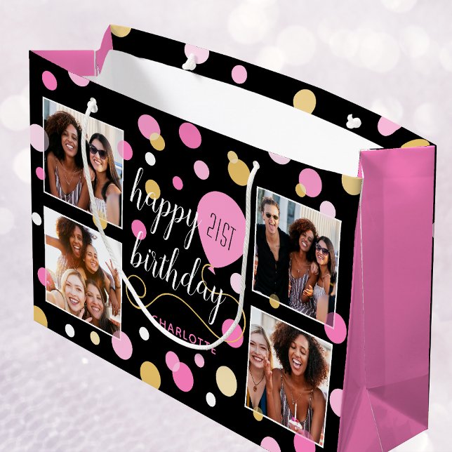 Custom Photo Collage Birthday Pink 21st Large Gift Bag (Creator Uploaded)