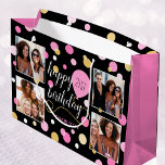 Custom Photo Collage Birthday Pink Large Gift Bag<br><div class="desc">Make your birthday gift extra special with a personalized celebration gift bag! This stylish template is customized with the recipient's name and age, and showcases four of your favorite photos. The design features circle shapes, balloons and an elegant script font, and it comes in pink, black and gold color. Custom...</div>