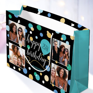 Custom Photo Collage Birthday Turquoise Large Gift Bag