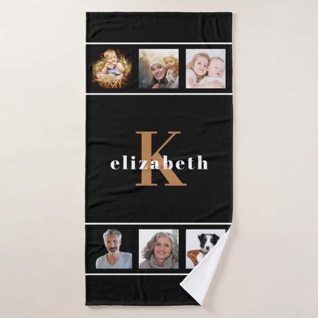 Custom photo collage black gold monogram modern bath towel (Bath Towel)