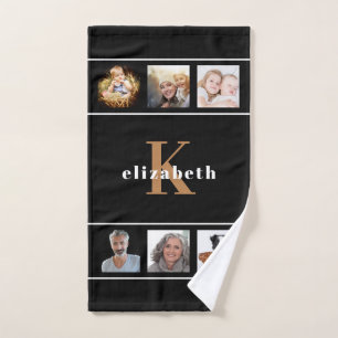 Custom photo collage black gold monogram modern hand towel
