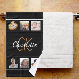 Custom photo collage black gold monogram script hand towel