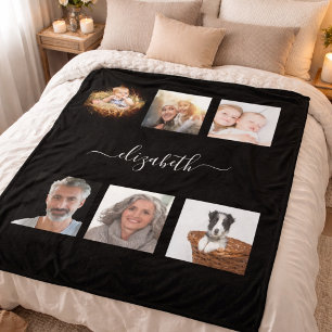 Custom photo collage black monogrammed fleece blanket