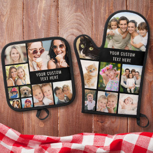 Custom Photo Collage Black Oven Mitt & Pot Holder Set