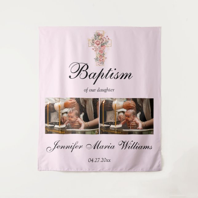 Custom Photo Collage Christening Baptism Backdrop Tapestry (Front)