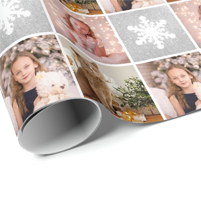 Custom Photo Collage Christmas Silver Snowflakes Wrapping Paper (Roll Corner)