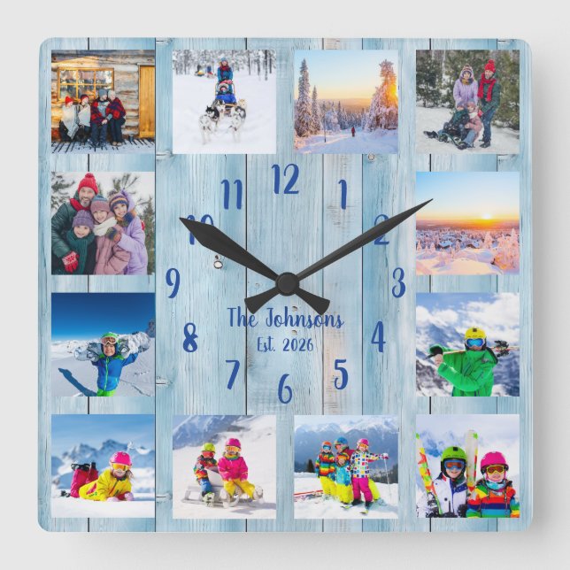 Custom Photo Collage Country Blue Rustic Wood Square Wall Clock (Front)