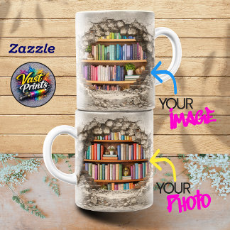Custom Photo Collage Cracked Wall Bookshelf Two-Tone Coffee Mug