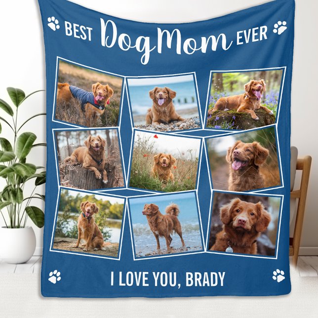 Custom Photo Collage Cute Modern DOG MOM Blue Fleece Blanket (Creator Uploaded)