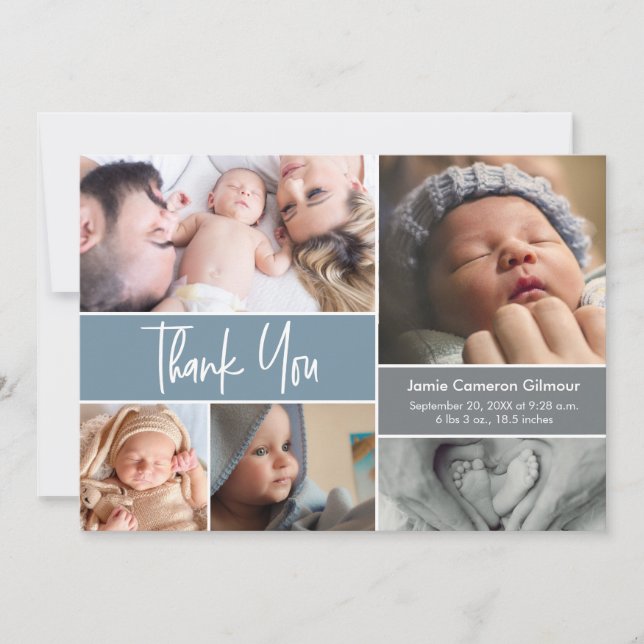 Custom Photo Collage Dusty Blue Baby Shower  Thank You Card (Front)
