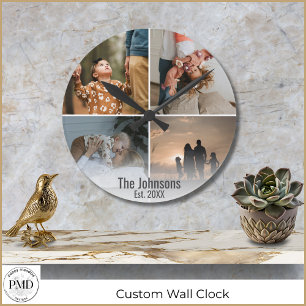 Custom Photo Collage Family Name Date Round Clock
