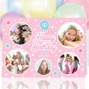 Custom Photo Collage Girls Birthday Pastel Pink Card