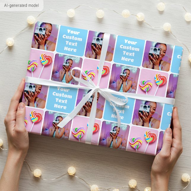 Custom Photo Collage Modern Retro Blue Pattern Wrapping Paper (Creator Uploaded)