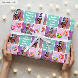 Custom Photo Collage Modern Retro Green Pattern Wrapping Paper
