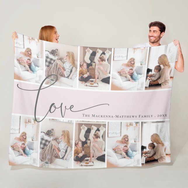 Custom Photo Collage Modern Script Family Monogram Fleece Blanket (In Situ)