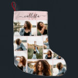 Custom Photo Collage Monogram Name Initial Small Christmas Stocking<br><div class="desc">This cute and cool Christmas stocking is perfect for every member of your family. Make a special and customised stocking for your holiday decor. It features nine picture customisable photo collage with a personalised monogram name initial in black and rose pink on top of a simple blush pink background. It's...</div>