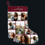 Custom Photo Collage Monogram Name Initial Small Christmas Stocking<br><div class="desc">This cute and cool Christmas stocking is perfect for every member of your family. Make a special and customised stocking for your holiday decor. It features nine picture customisable photo collage with a personalised monogram name initial in dark burgundy and white on top of a simple burgundy red background. It's...</div>