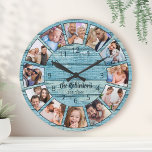 Custom Photo Collage Natural Wood Family Name Large Clock<br><div class="desc">Easily create your own personalised blue rustic driftwood planks lake house style wall clock with your custom photos,  family name and established year. For best results,  crop the images to square - with the focus point in the centre - before uploading.</div>