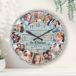Custom Photo Collage Natural Wood Family Name Large Clock