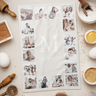 Custom Photo Collage Personalised Beige Tea Towel