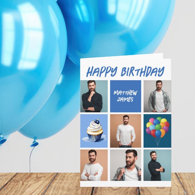 Custom Photo Collage Personalised Blue Birthday Card (Creator Uploaded)