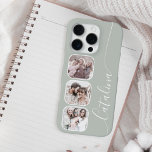 Custom Photo Collage Personalised Sage Green iPhone 16 Pro Case<br><div class="desc">This stylish phone case offers a fresh look with its soft, sage green background, perfect for a personalised touch. It features three neatly arranged, rounded square frames down one side, ready for your favourite photos. A delicate, flowing script and subtle lines adorn the other side, adding an elegant and custom...</div>