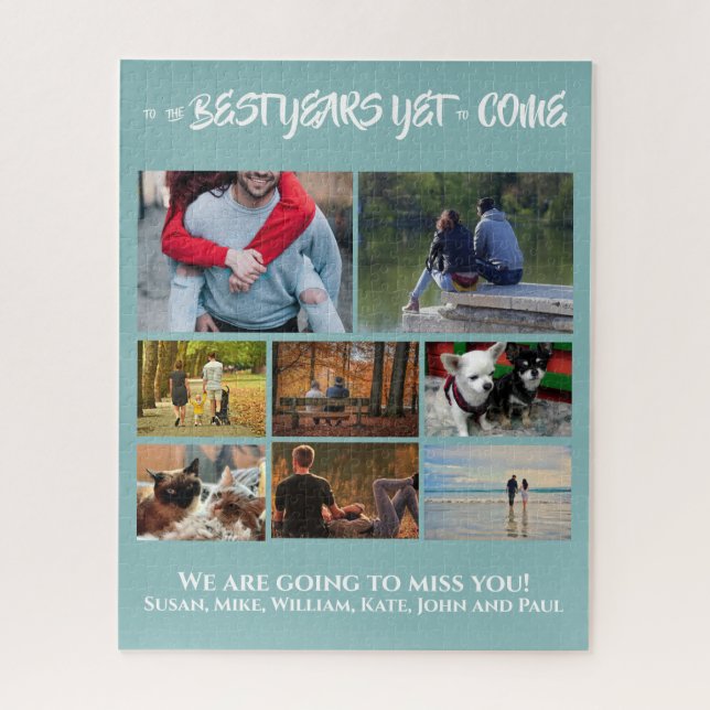 Custom photo collage retirement | 8 dusky blue jigsaw puzzle (Vertical)