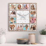 Custom Photo Collage Rose Gold Glitter Friendship<br><div class="desc">Make this trendy elegant white and rose gold faux glitter photo collage wall clock unique with 12 of your favorite photos with your best friend(s). The design also features modern handwritten "Besties" script and your names.</div>