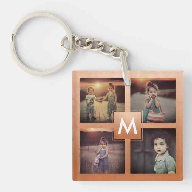 Custom Photo Collage Rose Gold Monogram 4 Images Key Ring (Front)