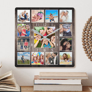 Custom Photo Collage Rustic Farmhouse Family Baby Square Wall Clock