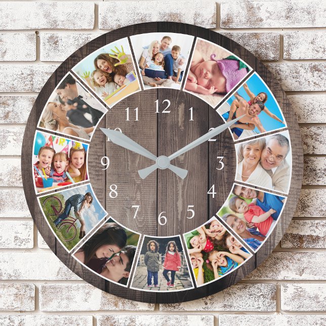 Custom Photo Collage Rustic Farmhouse Family Round Clock (Creator Uploaded)
