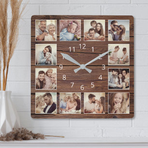 Custom Photo Collage Rustic Farmhouse Family Square Wall Clock