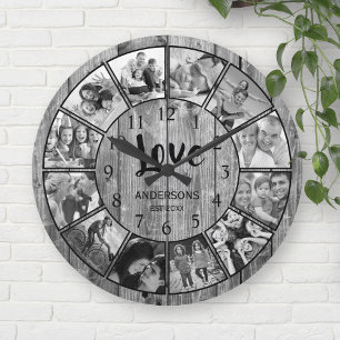 Custom Photo Collage Rustic Farmhouse Love Family Round Clock