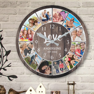 Custom Photo Collage Rustic Farmhouse Love Family Round Clock