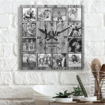Custom Photo Collage Rustic Farmhouse Love Family Square Wall Clock<br><div class="desc">Create your own personalised 12 photo collage, roman number wall clock with your custom images on a rustic farmhouse style wooden plank background. The clock face also features your family name, established year and a "Love" handwritten script. Add your favourite photos, designs or artworks to create something really unique. To...</div>