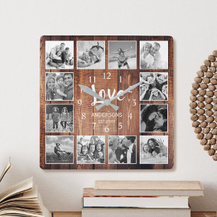 Custom Photo Collage Rustic Farmhouse Love Family Square Wall Clock