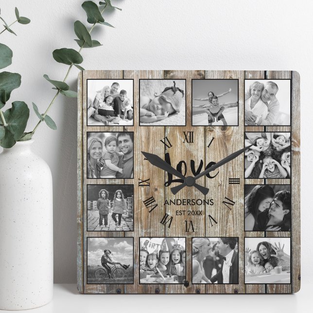 Custom Photo Collage Rustic Farmhouse Love Family Square Wall Clock (Creator Uploaded)