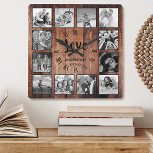 Custom Photo Collage Rustic Farmhouse Love Family Square Wall Clock