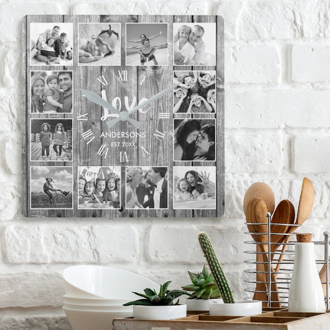 Custom Photo Collage Rustic Farmhouse Love Family Square Wall Clock (Creator Uploaded)