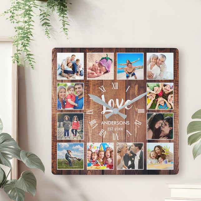Custom Photo Collage Rustic Farmhouse Love Family Square Wall Clock (Creator Uploaded)