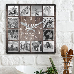 Custom Photo Collage Rustic Farmhouse Love Family Square Wall Clock