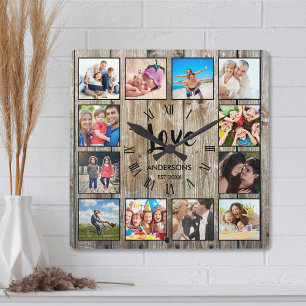 Custom Photo Collage Rustic Farmhouse Love Family Square Wall Clock