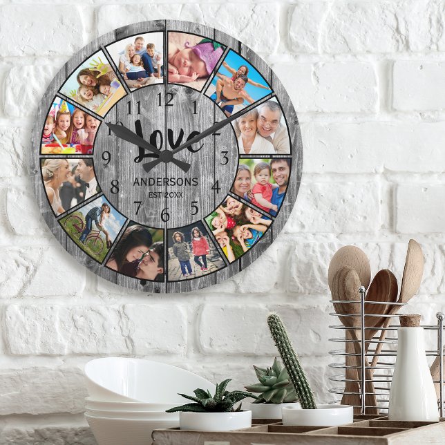 Custom Photo Collage Rustic Farmhouse Round Clock (Creator Uploaded)