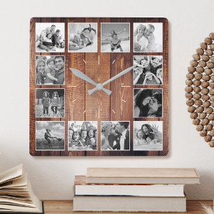Custom Photo Collage Rustic Farmhouse Script Square Wall Clock
